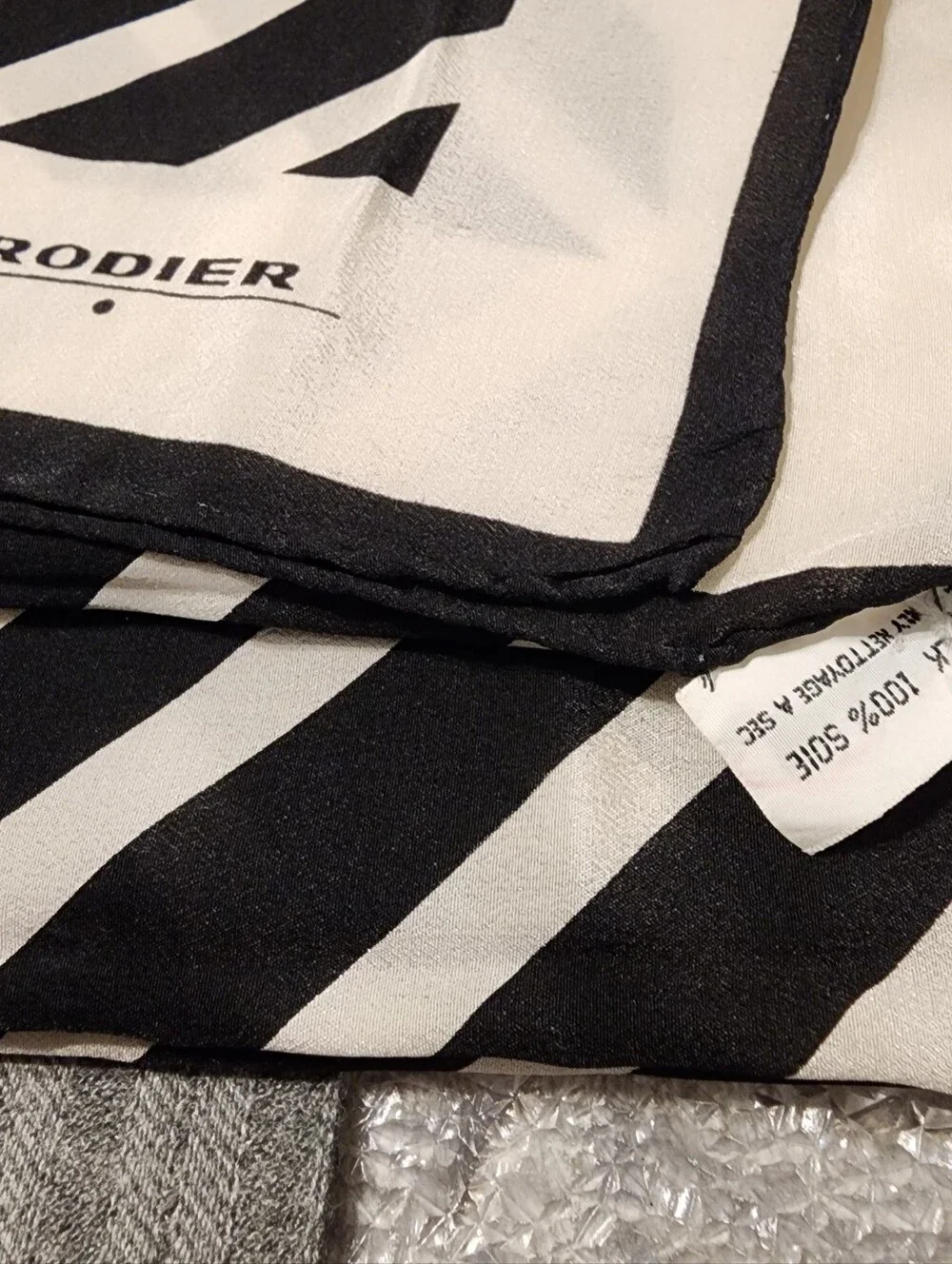 RODIER Vintage Black and Cream Striped Silk Scarf Large Square 32